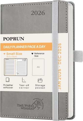 Agenda De Poche 2026 Journalier 16 X 10,5 Cm - Couverture Souple En Pu Cuir, 1 Page Par Jour A6 Petite Planner, D'jan 2026 À Déc 2026, Signet À 2 Rubans, Papier 70 G/M², Gris