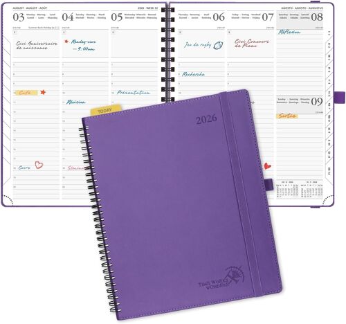 Agenda 2026 Semainier 26,5 X 21,5 Cm - Couverture Souple En Pu Cuir Spirale, Vertical Planner, D'jan 2026 À Déc 2026-12 Mois, Avec Règle Signet, Papier 100 G/M², Pourpre