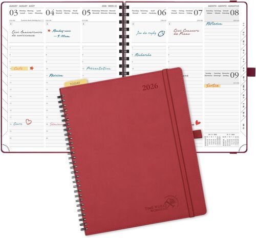 Agenda 2026 Semainier 26,5 X 21,5 Cm - Couverture Souple En Pu Cuir Spirale, Vertical Planner, D'jan 2026 À Déc 2026-12 Mois, Avec Règle Signet, Papier 100 G/M², Bourgogne