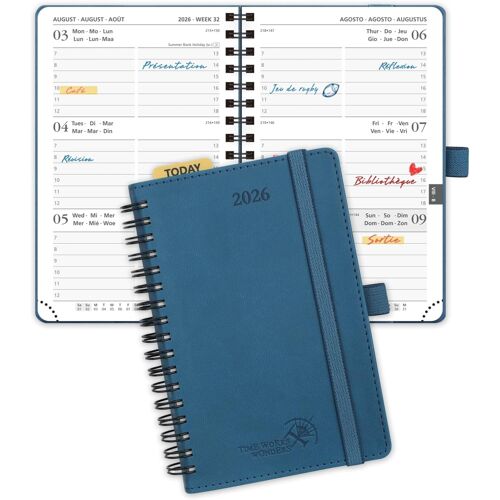 Agenda De Poche 2026 A6 Semainier 16 X 10,5 Cm - Couverture Souple En Pu Cuir Spirale, Petit Agenda, D'jan 2026 À Déc 2026-12 Mois, Règle Signet, Papier 100 G/M², Bleu Nuit