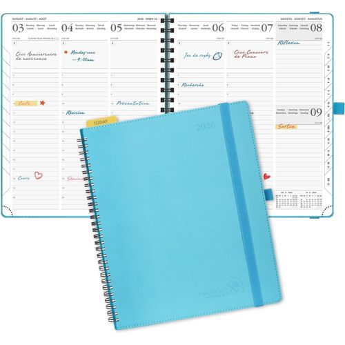 Agenda 2026 Semainier 26,5 X 21,5 Cm - Couverture Souple En Pu Cuir Spirale, Vertical Planner, D'jan 2026 À Déc 2026-12 Mois, Avec Règle Signet, Papier 100 G/M², Bleu Vert