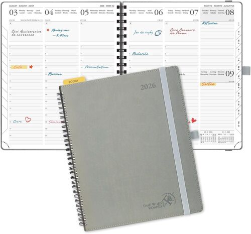 Agenda 2026 Semainier 26,5 X 21,5 Cm - Couverture Souple En Pu Cuir Spirale, Vertical Planner, D'jan 2026 À Déc 2026-12 Mois, Avec Règle Signet, Papier 100 G/M², Gris