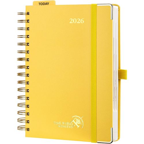 Agenda 2026 Journalier 21,5 X 14,5 Cm - Couverture Rigide Spirale, 1 Page Par Jour A5 Planner, D'jan 2026 À Déc 2026-12 Mois, Avec Règle Signet, Papier 80 G/M², Jaune Clair