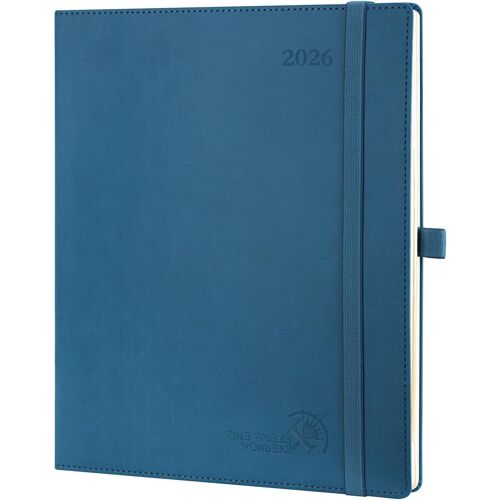 Agenda 2026 Semainier 26,5 X 21,5 Cm - Couverture Souple En Pu Cuir, Vertical Planner, D'jan 2026 À Déc 2026-12 Mois, Avec Signet À 2 Rubans, Papier 100 G/M², Bleu Nuit