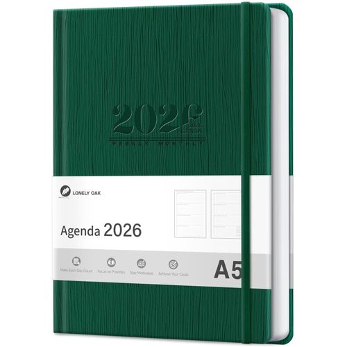 Agenda 2026 Journalier Et Semainier, Carnet De Plan Relié Avec Couverture En Simili-Cuir Format A5 Sur 12 Mois (Janvier 2026 - Décembre 2026), Avec Ruban Signet Et Lacet Élastique - Vert
