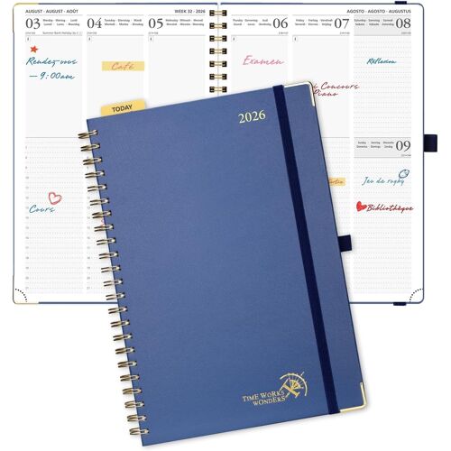 Agenda 2026 Semainier 30 X 21 Cm - Couverture Rigide Spirale, Vertical A4 Weekly Planner, D'jan 2026 À Déc 2026-12 Mois,Avec Règle Signet, Papier 100 G/M², Bleu Marine