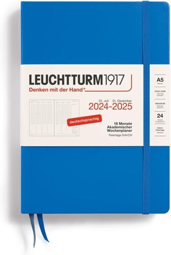 370637 Agenda Semainier Académique 2025, Format A5, Couverture Rigide, 18 Mois, Ligné, 80 G, Bleu Ciel