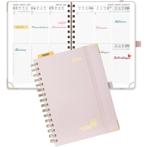 Agenda 2026 Semainier 21 X 16,5 Cm - Couverture Rigide Spirale, Vertical A5 Weekly Planner, D'jan 2026 À Déc 2026-12 Mois, Avec Règle Signet, Papier 100 G/M², Rose Clair