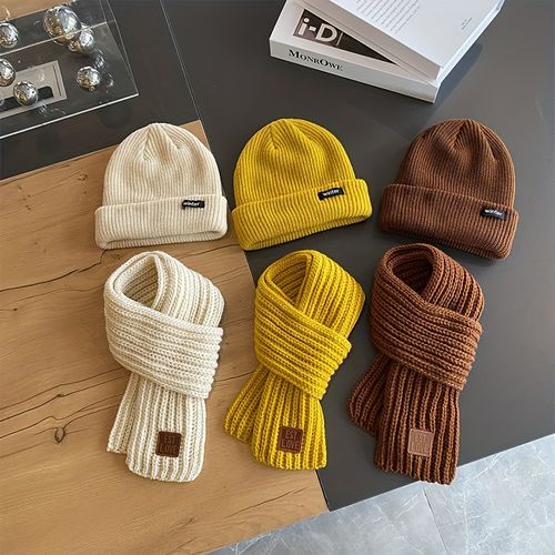 Ensemble Bonnet Et Écharpe Tendance, Chapeau Tricoté Élégant Pour Enfants, Casquette De Protection Des Oreilles Cool Pour Garçons