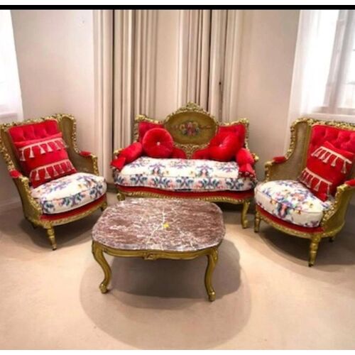 Salon de style Louis XV, artisanal en hêtre rouge et doré + un tapis offert