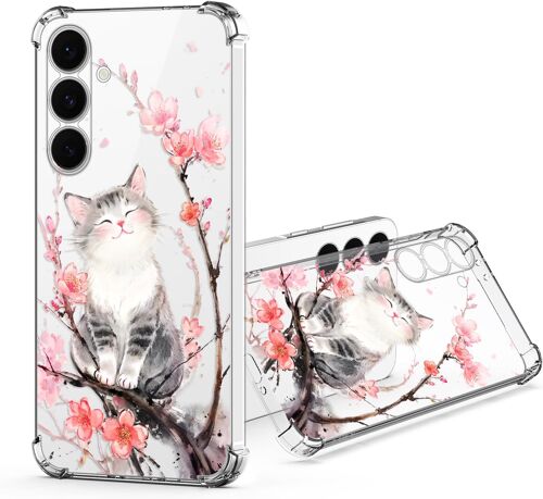 JGD-pour Samsung Galaxy S25 FE 5G Transparente Coque, Souple TPU Silicone Protective Case Cover avec Fleur Floral Motif Antichoc Protection Housse Clair Etui Étui (Chat)
