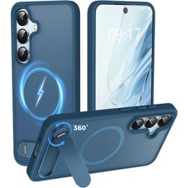 JGD-New-One Coque Pour Samsung Galaxy S24/S25 avec Support [Intégré 360° Invisible] [Magnétique & MagSafe Compatible] [Militaire Antichoc] Silicone Bumper 5G Béquille Case - Mate Protection Étui Bleu