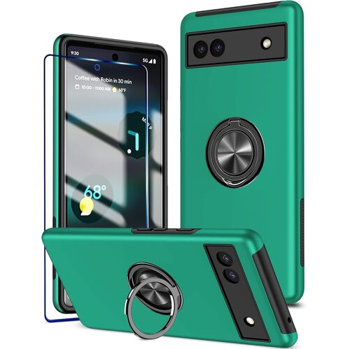JGD-Coque pour Google Pixel 6a avec anneau de béquille et protecteur d'écran, antichoc et anti-rayures, anneau magnétique à 360°, coque de téléphone pour Google Pixel 6a ¿ Vert foncé