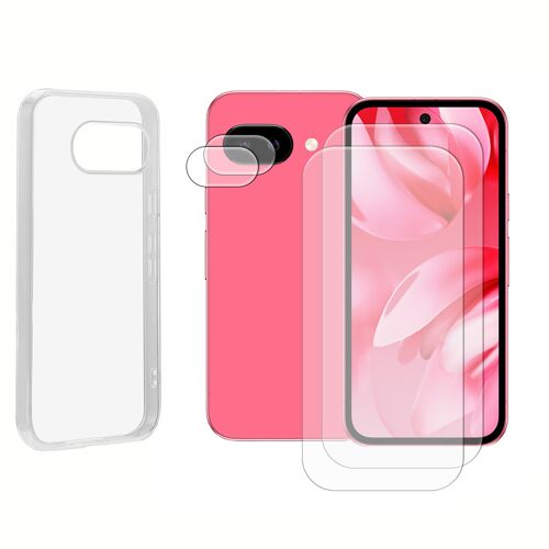 Lot de 2 Verre Trempé compatible pour Google Pixel 9A 5G 6.3"" + Lot de 2 Verre Trempé Caméra Arrière + Coque souple silicone transparente - Visiodirect -