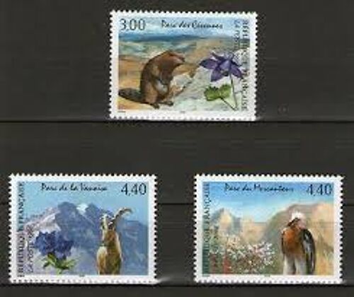 Série Nature De France (11) : Parcs Naturels Nationaux : Mamotte Et Ancolie, Bouquette Et Gentiane, Gypaète Barbu Et Sacrifage Série Complète Année 1996 N° 2997 2998 2999 Yvert Et Tellier Luxe