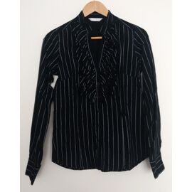 Chemise Chemisier Noir Rayé Blanc À Jabot. Promod. Coton. Taille 38