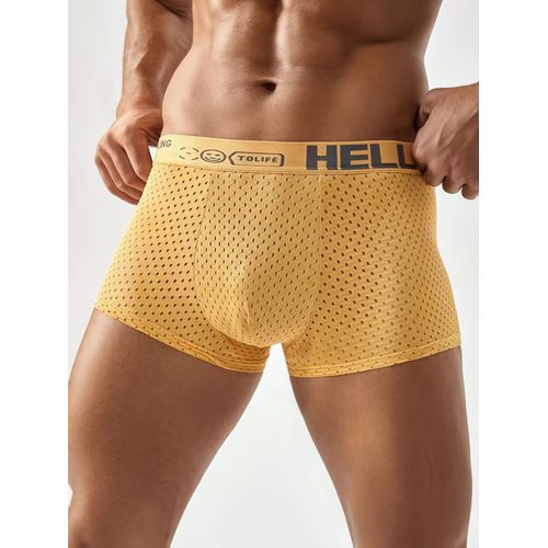 Lot De 10 Sous-Vêtements En Maille Pour Homme À Coins Plats, Ceinture Avec Lettre « Hello », Design En Maille Unie Creuse, Plein De Style, Très Respirant Et Confortable, Adapté Pour L'été