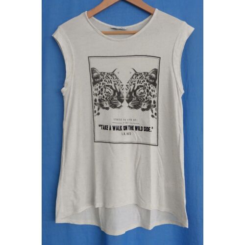 T-Shirt Beige Moucheté. Imprimé 2 Têtes De Guépard. Etam. Viscose. Lin. Taille 38