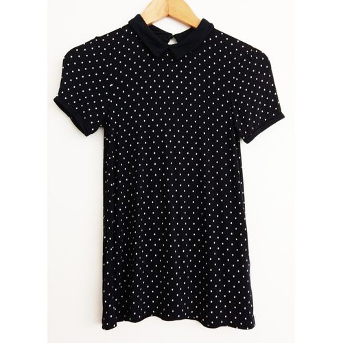 T Shirt Noir A Points Beige. Col Claudine. Pimkie. Viscose. Taille 36