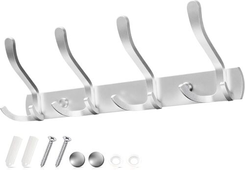 Porte Manteau Mural Patere Murale avec 4 Crochets Triples Argent Haute Capacité de Charge Durable et Résistant Gain de Place Optimal pour Entrée, Chambre, Salle de Bain, Cuisine