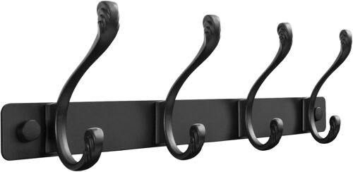 Porte Manteau Mural Patere Murale avec 4 Crochets Doubles Noir Haute Capacité de Charge Durable et Résistant Gain de Place Optimal pour Entrée, Chambre, Salle de Bain, Cuisine