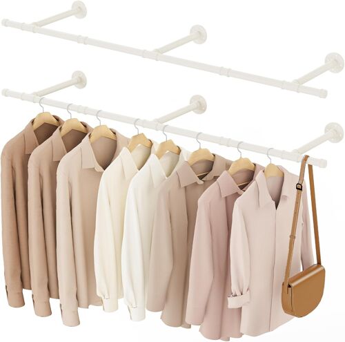 Porte Manteau Mural Tringle, Penderie Murale 150cm, Barre Dressing Industriel, Portant pour Salon, Chambre, Gain de Place, Montage Facile, Robuste et Durable, Beige, 2er Set