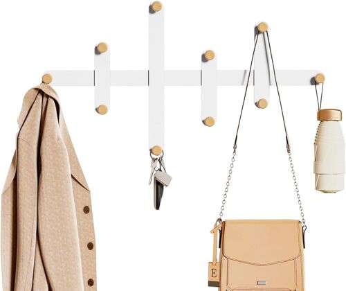 Porte-manteau mural en métal - Blanc - Design minimaliste moderne - Porte-manteau avec 10 crochets en bois - Pour entryway, salon, chambre à coucher, bureau