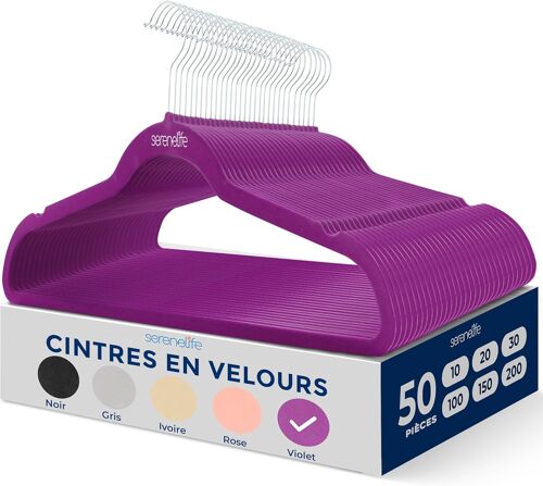 Cintres - Cintres en Velours Antidérapants - Porte-Vêtement Fins et Robustes - avec Crochet en Métal Pivotant à 360° - Supportant jusqu'à 4,5 kg pour Vestes, Pantalons et Robes - Lot de 50