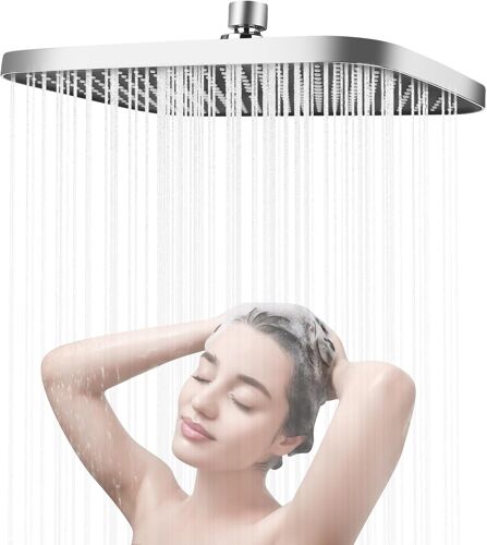 Pommeau de douche à effet pluie, 35,5 cm, en acier inoxydable, économe en eau, carré, réglable à 360°, auto-nettoyant, tête de douche encastrée