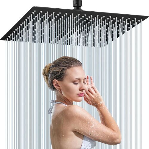 Tête de Douche Carré en Acier Inoxydable 30 x 30CM, Pommeau de Douche Haute Pression avec 144 Buses en Silicone Anti-Calcaire, Rotation 360°, Économiseur d'Eau, Installation Facile(noir)