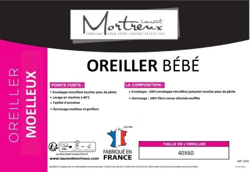 Oreiller Bébé Microfibre - 40x60 - Moelleux - Mortreux