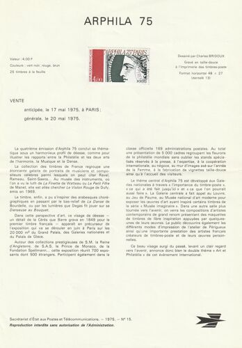 Timbre France Oblitéré 1975 N° 1833 Arphila 75 Paris Sur Notice Philatélique N° 15