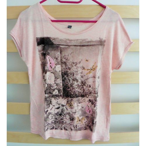 T-Shirt Rose Imprimé Papillons. Strass. Pimkie. Taille 38