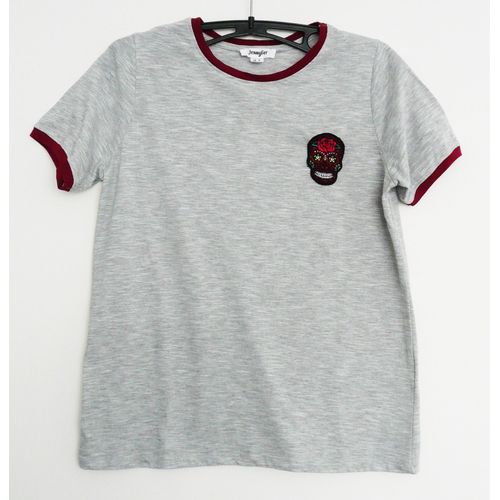 T Shirt Gris Chiné Empiècement Tête De Mort Multicolore. Jennyfer. Coton. Taille 38