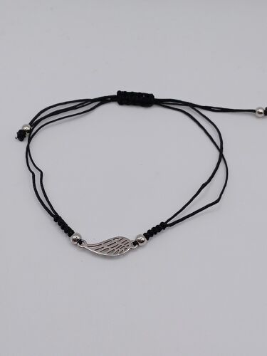 Bracelet Noir Reglable, Aile D'Ange Métal Argenté