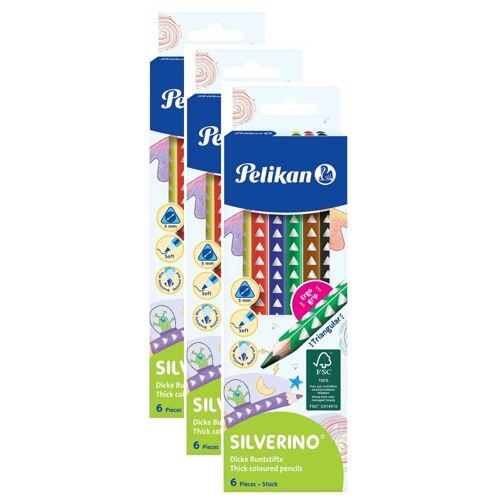 Pelikan Lot De 3 6 Crayons De Couleur Silverino Triangulaire, Épais 5mm,En Bois Fsc