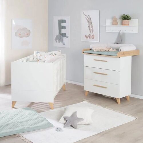 Chambre Bébé Évolutive Roba - Leon - Lit 70x140 + Commode À Langer - Blanc - Chêne