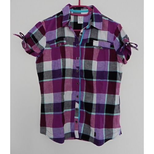 Chemise À Carreaux Violet. Manches Courtes. Quechua. Coton. Lin. Taille 38
