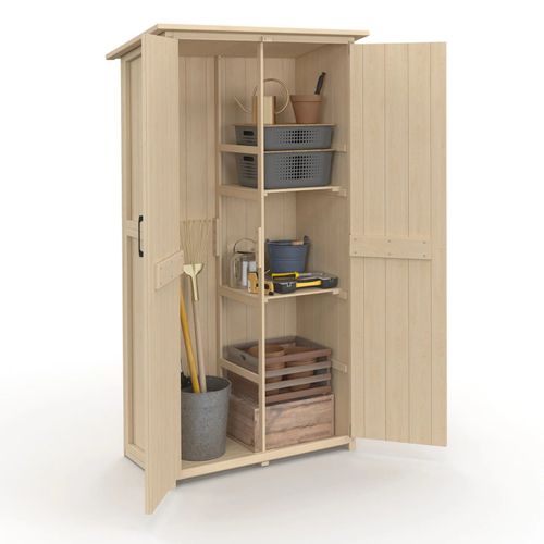 Armoire De Jardin En Bois 90 X 50 X 160 Cm Avec Toit Incliné Double Porte Et Étagères