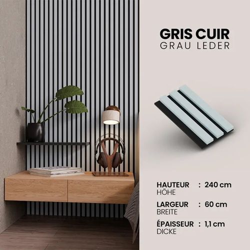 Panneau Acoustique 11mm - Gris Cuir - Feutrine Noire - 240x60cm - Lot de 4