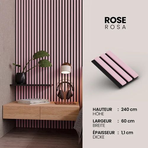 Panneau Acoustique 11mm - Rose - Feutrine Noire - 240x60cm - Lot de 4