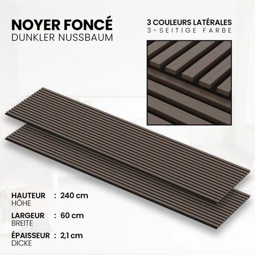 Panneau Acoustique 21mm - Noyer Foncé - Feutrine Noire - 240x60cm - Lot de 2