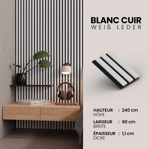 Panneau Acoustique 11mm - Blanc Cuir - Feutrine Noire - 240x60cm - Lot de 4