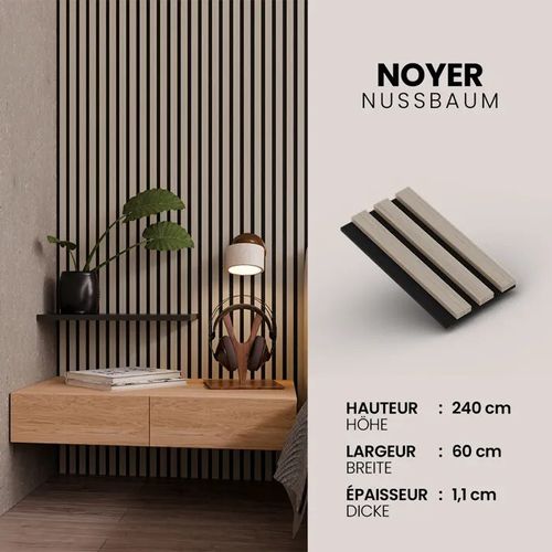 Panneau Acoustique 11mm - Noyer - Feutrine Noire - 240x60cm - Lot de 4