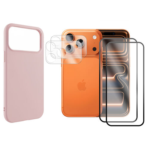 Protection intégrale Lot de 2 Verre Trempé pour Apple Iphone 17 PRO MAX 6.9""+ Lot de 2 Verre Trempé Caméra Arrière + Coque souple silicone rose - Visiodirect -