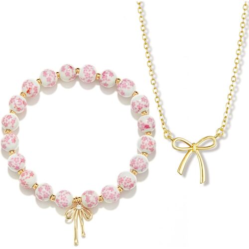 Set Collier Femme Et Bracelet Perles, Collier N?ud Plaqué Or 14k Et Bracelet Élastique Perles Pierre Naturelle, Bijou Femme Élégant,Pendentif Doré Et Tendance, Cadeaux Pour Filles Et Femmes