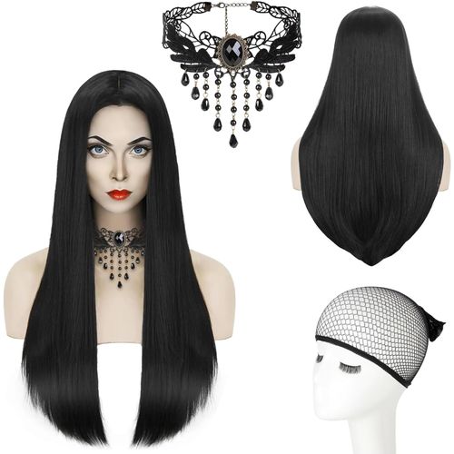 Mercredi Perruque, Perruques Longues Droites Noirs Pour Femmes, Addams Cosplay Perruque, Perruque Noire Longue Avec Collier, Femme Naturelle Perruque Longue Lisse Noire, Pour Carnaval, Halloween