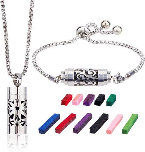 2 Styles Bracelet Collier Diffuseur D'huiles Essentielles Acier Inoxydable Pendentif Aromathérapie Avec 20 Tampons De Feutre Changeables Pour Parfum Set De Colliers Diffuseurs