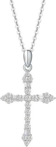 Collier Croix Femme En Argent 925/1000 Plaqué Or Blanc Chretienne Religieux Pendentif Avec Zircone Cubique Bijoux Pour Femme Filles - Chaîne Ajustable: 40 + 5 Cm