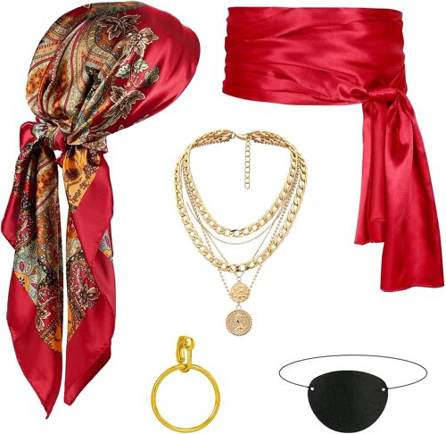 Lot De 6 Accessoires De Costume De Pirate Pour Femmes Et Hommes Avec Bandana, Collier, Boucles D'oreilles, Ceinture, Cache-Yeux, Bracelet